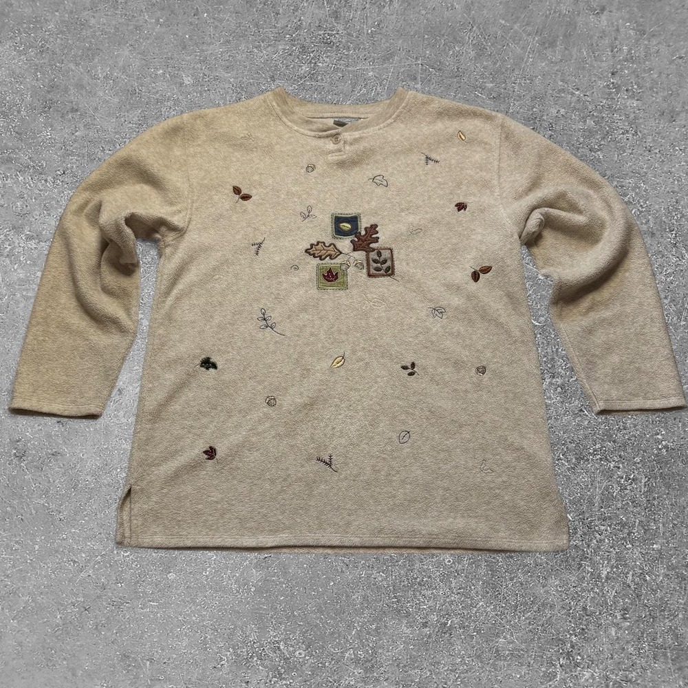 Bobbie Brooks Womens Henley Shirt L Oatmeal Autumn Leaves Embroidered BB210